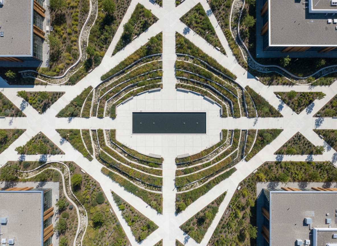 Aerial view of meticulously designed landscape project